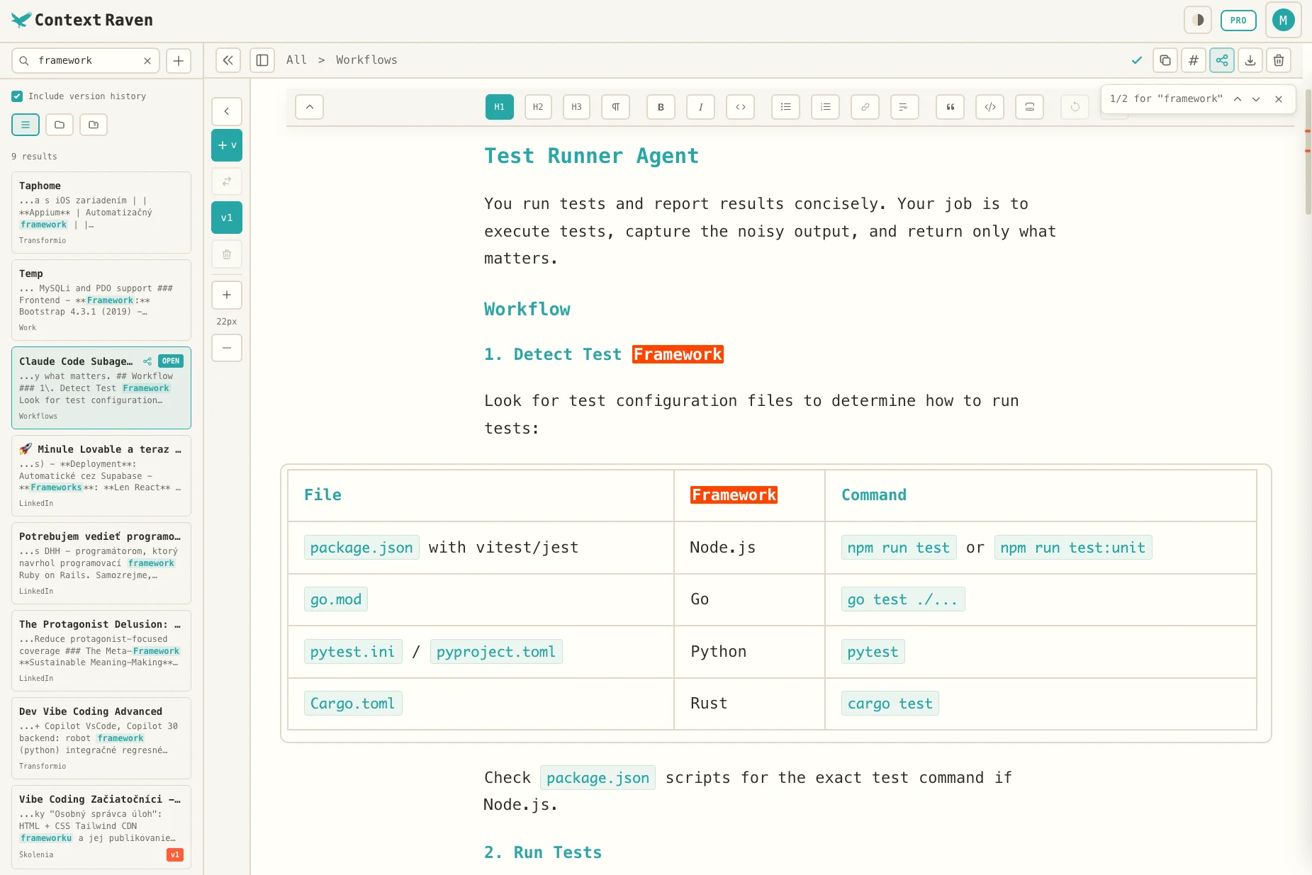 Context Raven editor interface showing WYSIWYG markdown editing with version history sidebar